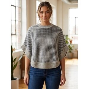 Madison 88 Womens Knit Poncho Sweater Beige Navy Blue Crew Neck One Size